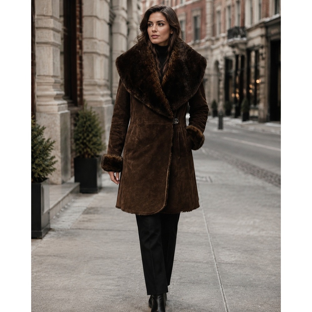 LNR La Nouvelle Renaissance Brown Leather Coat Faux Fur Trim‎ Women's Medium